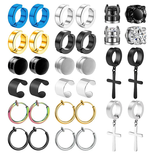 1/16 paia di orecchini a bottone magnetici da uomo in acciaio inossidabile con croce Non penetrante orecchini a cerchio Unisex CZ Magnet Clip on Earring