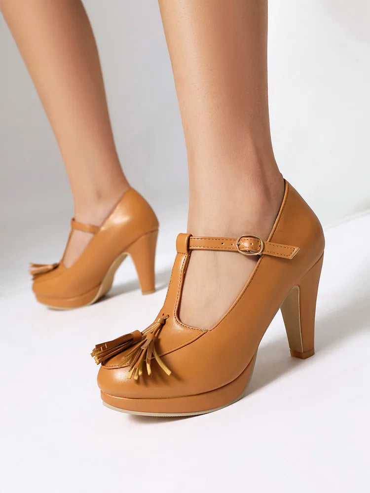 NASBAVI Fashion Female Pumps Round Toe Chunky Heels 9cm Platform 1.5cm Buckle T-Strap Tassels Plus Size 46 47 48 Sexy Shoes