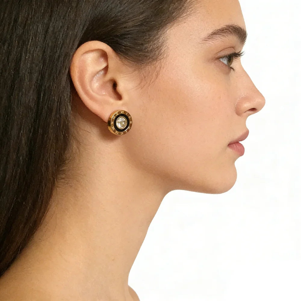 Orecchini a bottone con numeri romani in acciaio inossidabile 316, rotondi, brillanti, con zirconi AAA, diametro 12 mm, per donna, gioielli di marca di alta qualità