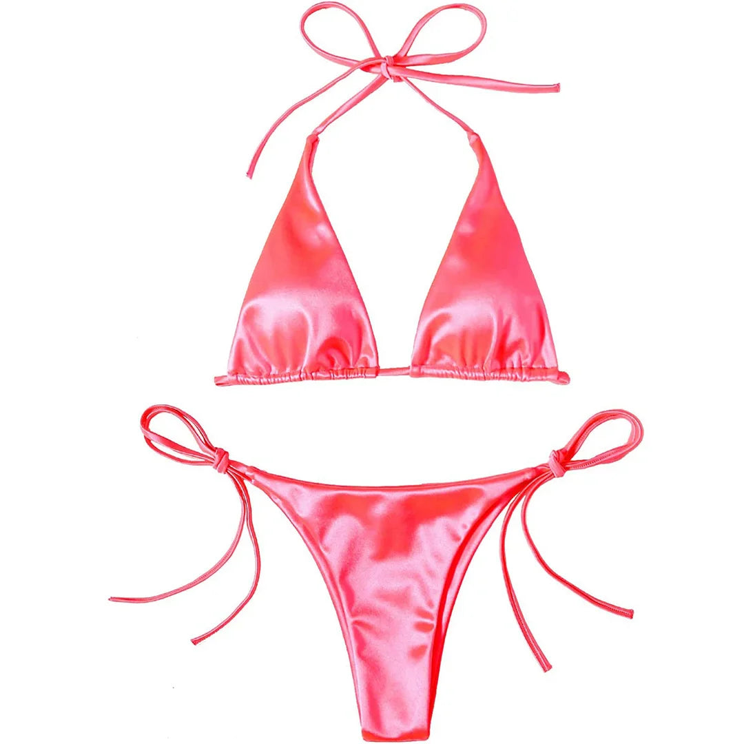 Sexy 13 colori Halter Satin Bikini brasiliano Donna Costumi da bagno Costume da bagno femminile Bikini a due pezzi Bagnante Costume da bagno Swim V4966
