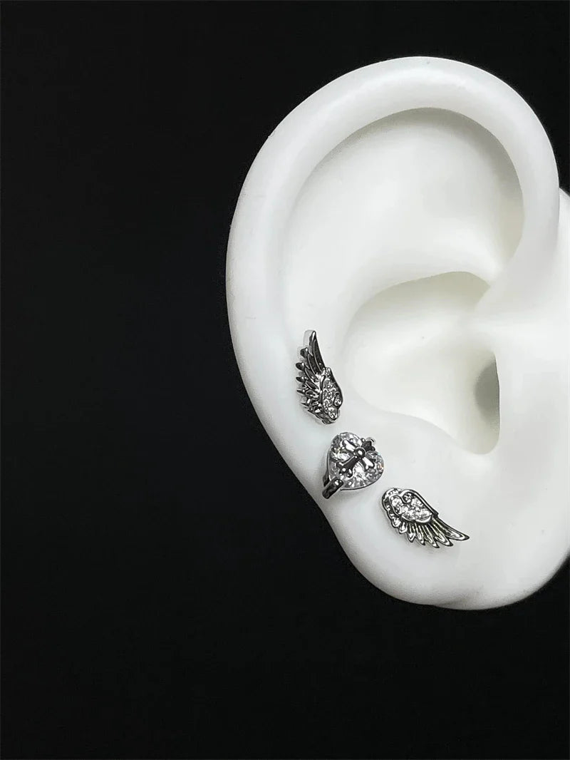 New Fashion Love Wings Cross Acciaio inossidabile Osso dell'orecchio Chiodo Zircone lucido Orecchino con filo alla moda per le donne Accessorio per piercing al corpo
