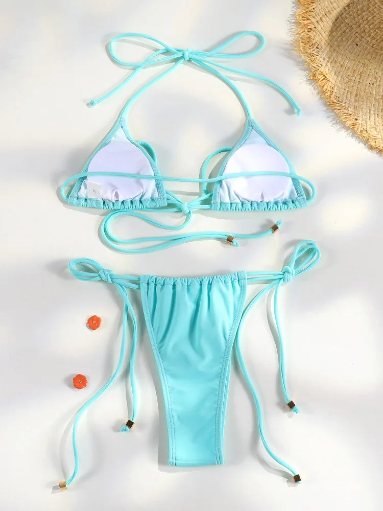 Set Bikini Triangolo Sexy Micro Thong, Costume da Bagno Donna, Biquini con Lacci, Abbigliamento da Spiaggia Stampato, Bikini Thong