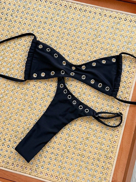 Bikini Micro Thong Halter da Donna XS-L, Costume da Bagno Femminile a Due Pezzi con Anelli Metallici