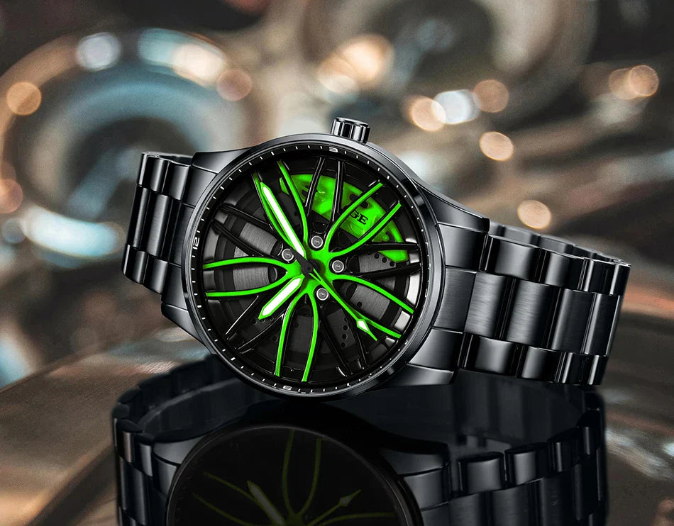 Orologio da Uomo LIGE di Lusso al Quarzo, Sportivo, Impermeabile, in Acciaio Inossidabile, Luminoso, con Quadrante a Forma di Ruota d'Auto, Elegante Orologio da Uomo per Affari