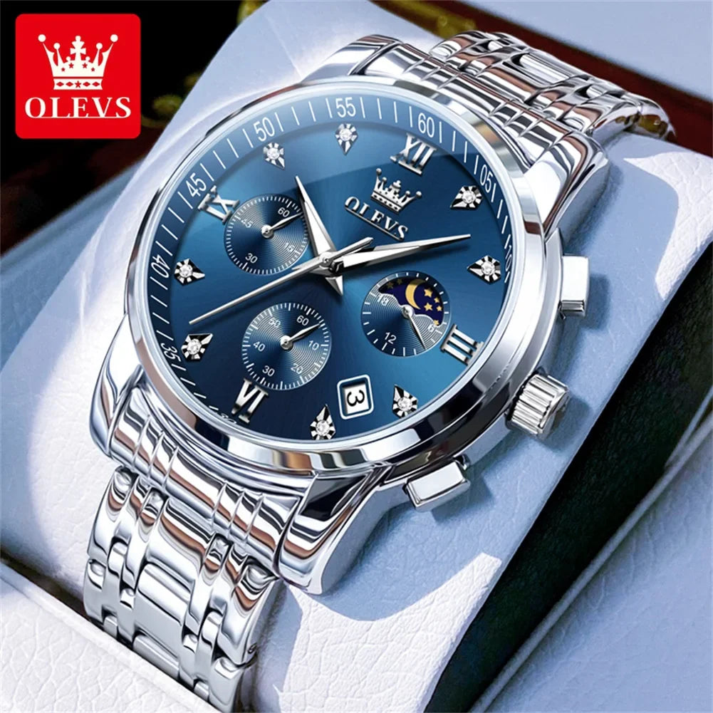 OLEVS 2858 Orologio da Uomo in Acciaio Inossidabile, Impermeabile, Antigraffio, con Fasi Lunari, Luminoso, Cronografo, Orologio da Polso al Quarzo di Lusso