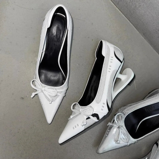 Special Heel Spliced Heels Pointed Toe Heels Women's Fashion Shallow Mouth Bow Non-Slip Mary Jane Single Shoes
