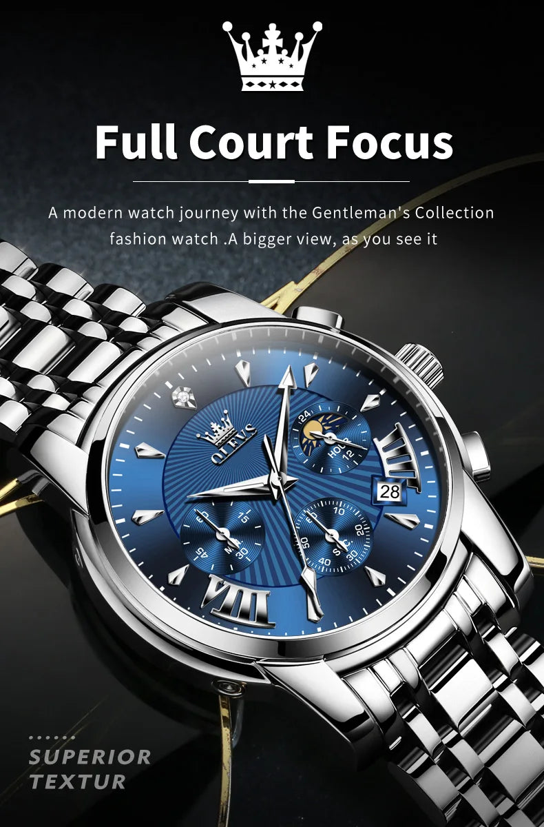 OLEVS Orologi al quarzo da uomo Orologi di marca in acciaio inossidabile Orologio sportivo impermeabile per uomo Cronografo con fasi lunari