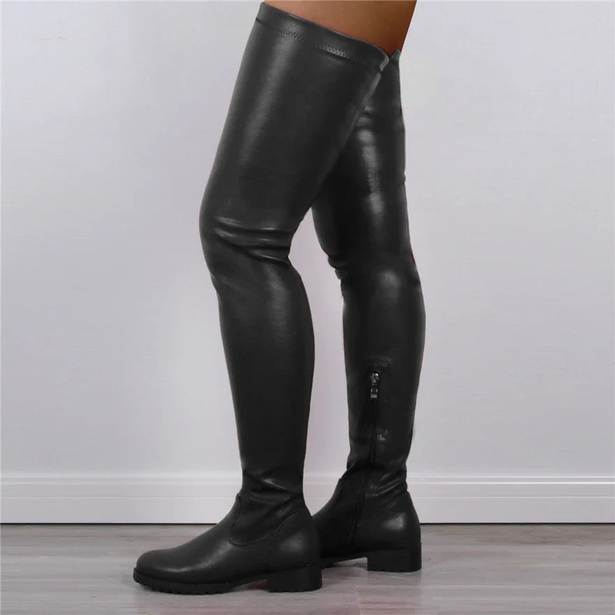 2025 Winter Over the Knee Women Boots European Platform Zipper Ladies Shoes Comfort Square High Heels Elastic Leather Long Boots