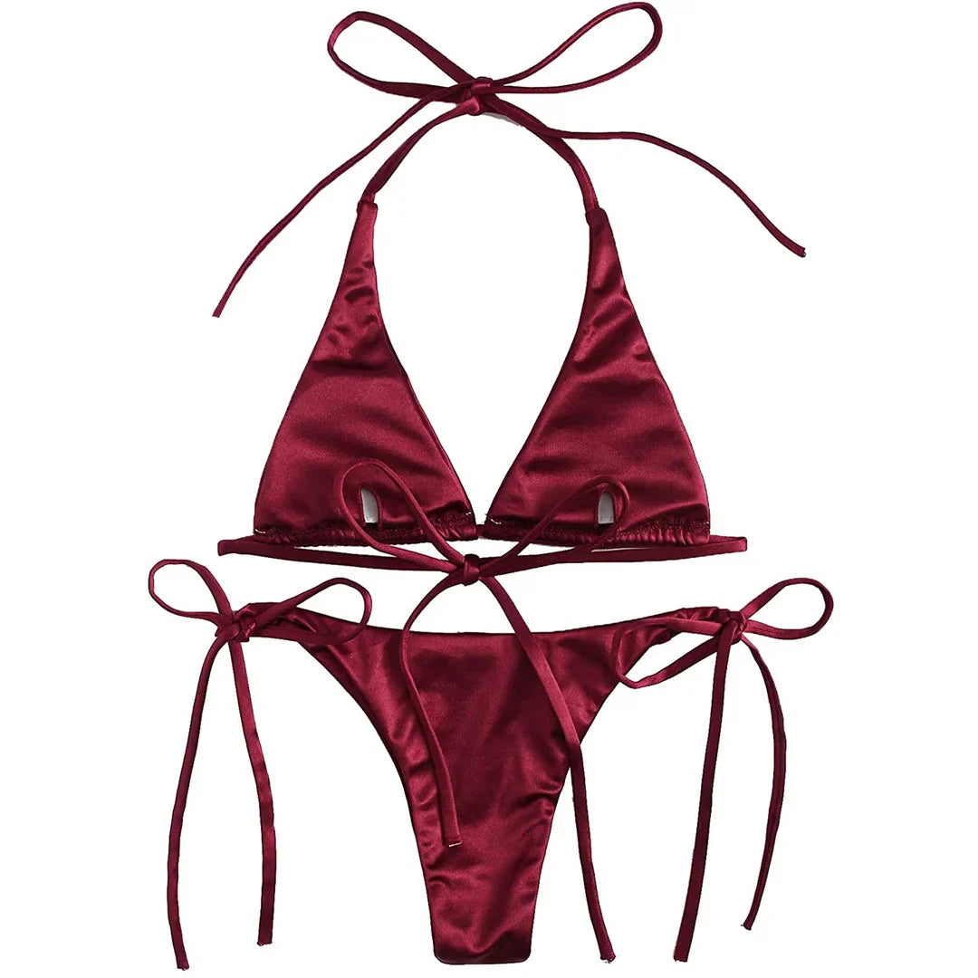 Sexy 13 colori Halter Satin Bikini brasiliano Donna Costumi da bagno Costume da bagno femminile Bikini a due pezzi Bagnante Costume da bagno Swim V4966
