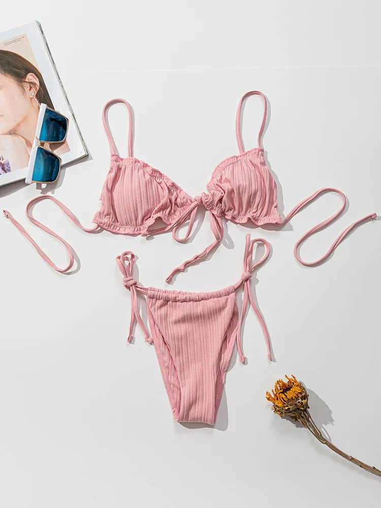 Nuovo Bikini Sexy 2026 a Righe, Costume da Bagno Donna Push-Up, Set Bikini Solido con Fascia, Abbigliamento da Spiaggia