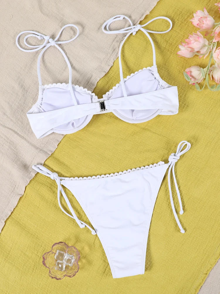 Costume da bagno da donna bianco, bikini a stringhe, vita bassa, push-up, micro bikini due pezzi
