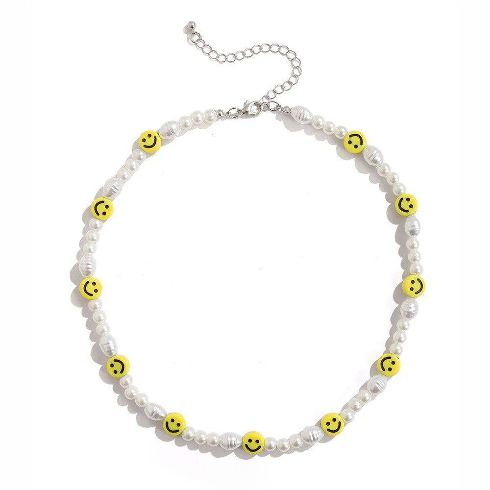 Bracciale con collana con volto sorridente di perle divertenti per donna Uomo Vitalità Sorriso colorato Accessori girocollo con perline Set di gioielli di moda