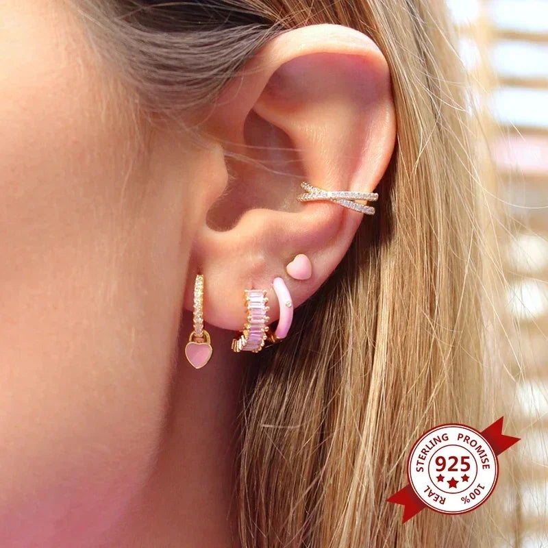Lussuosa geometria 925 orecchio in argento sterling Ago rosa serie zircone orecchini a cerchio pendenti dolce moda regali di gioielli da sposa
