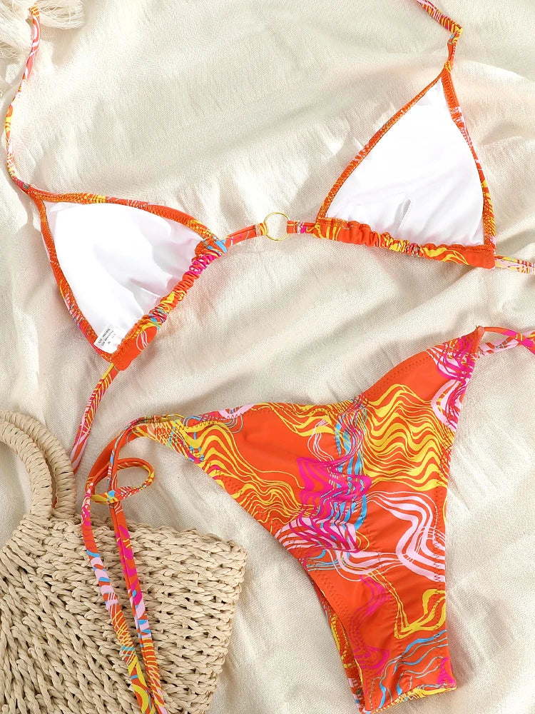 Catene a triangolo sexy Set bikini Micro perizoma Costume da bagno donna Costume da bagno Biquini Fasciatura Costumi da bagno Stampa Costumi da bagno Perizoma Bikini