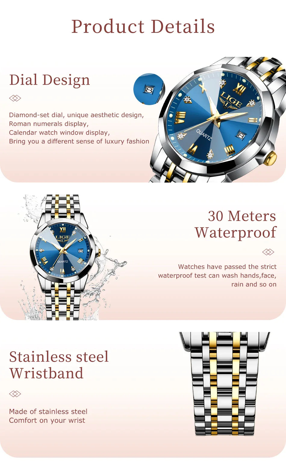 LIGE Orologio al Quarzo di Lusso per Donna, Elegante Bracciale Luminoso e Impermeabile, Regalo Ideale