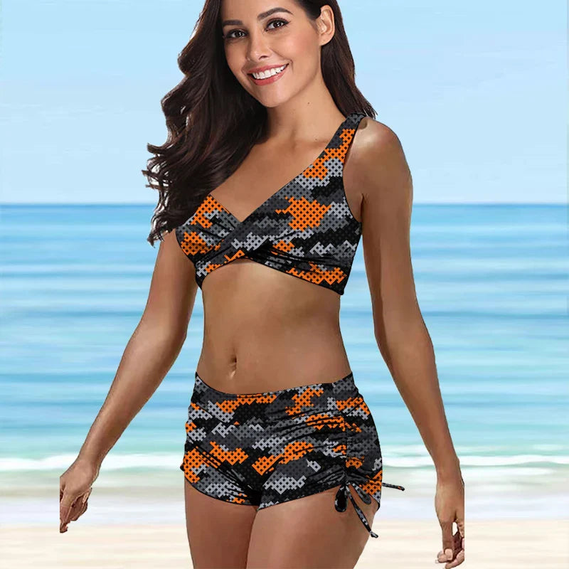 Camo tinta unita stampa bellissime signore gilet sexy set di tendenza seno rivelatore bikini per le vacanze estive S-5XL