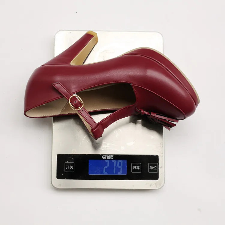 NASBAVI Fashion Female Pumps Round Toe Chunky Heels 9cm Platform 1.5cm Buckle T-Strap Tassels Plus Size 46 47 48 Sexy Shoes