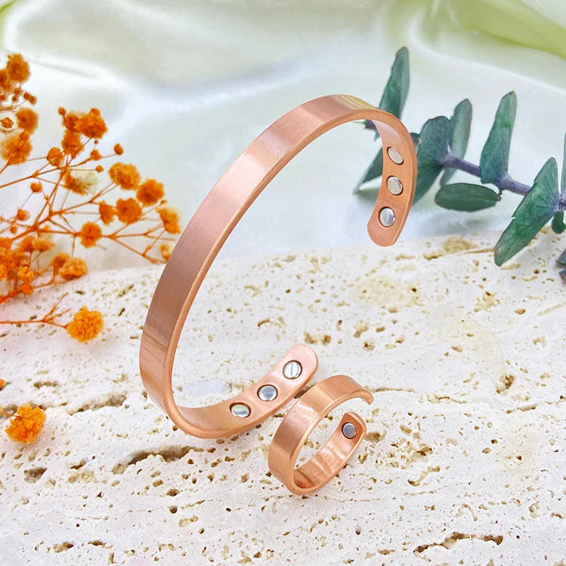 Set Bracciali e anelli in rame puro per donna Uomo Polsino semplice Braccialetti magnetici Artrite Salute Gioielli in rame massiccio