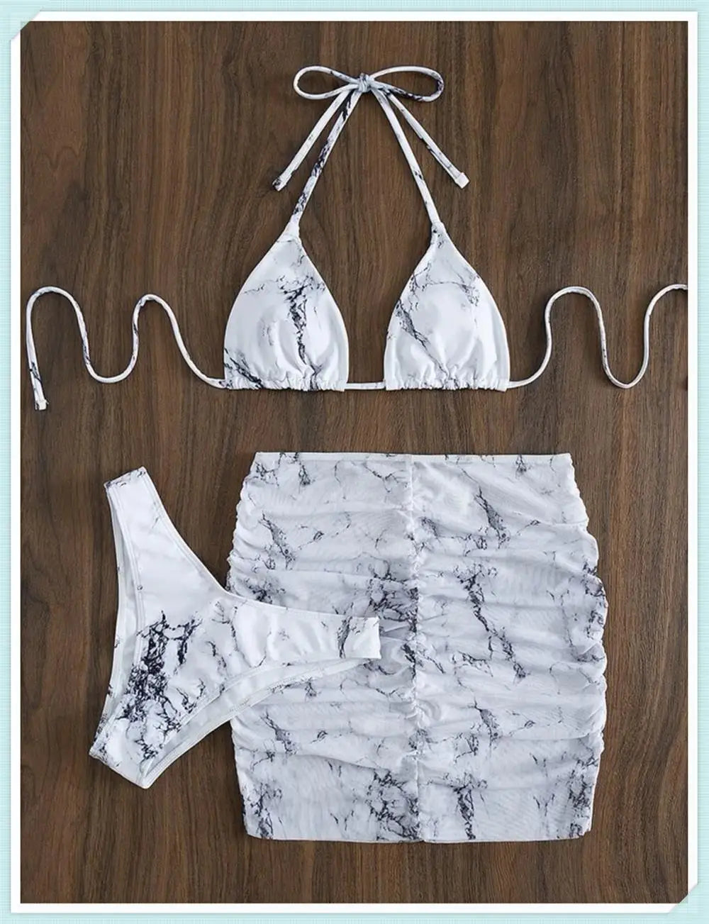 3 pezzi perizoma Bikini con gonna marmo texture costume da bagno donna costume da bagno Set costumi da bagno femminili abbigliamento da spiaggia nuoto estate