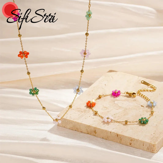 Sifisrri Set di gioielli con bracciale a catena con perline di fiori di colore vintage per donna, regalo di San Valentino alla moda in acciaio inossidabile