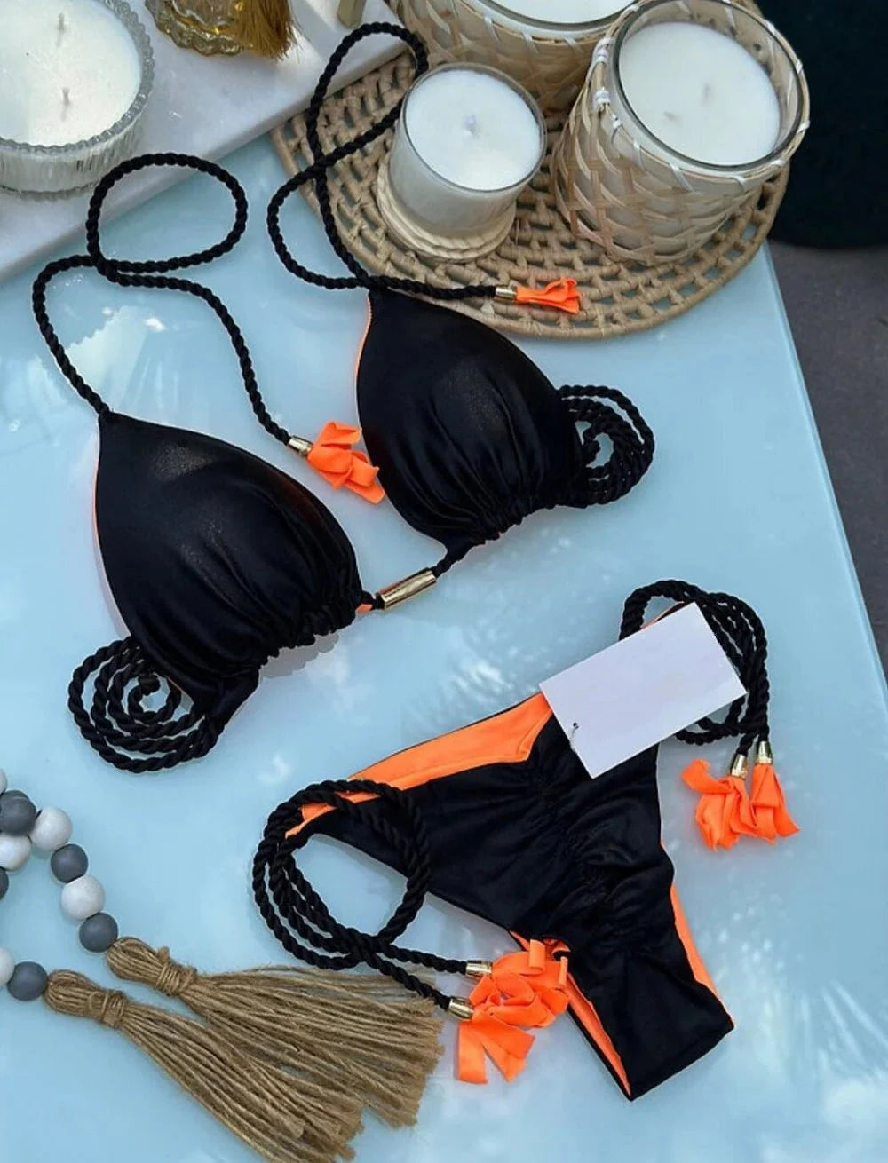 Costume da bagno sexy da donna in tinta unita, due pezzi, triangolare, con corda intrecciata, set bikini, costume da bagno da spiaggia, Biquinis brasiliani
