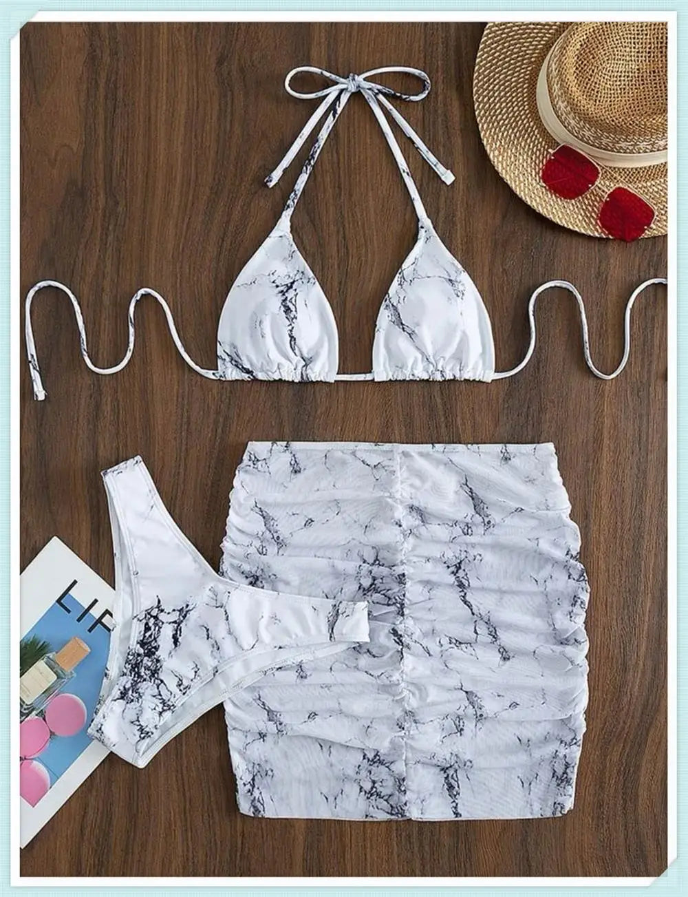 3 pezzi perizoma Bikini con gonna marmo texture costume da bagno donna costume da bagno Set costumi da bagno femminili abbigliamento da spiaggia nuoto estate