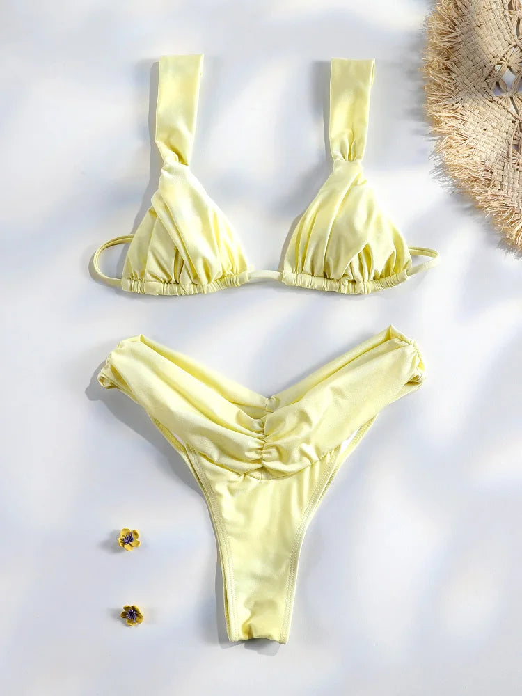 Set Bikini Sexy con Pieghe, Micro Bikini Tinta Unita, Costume da Bagno Femminile a Triangolo, Abbigliamento da Spiaggia