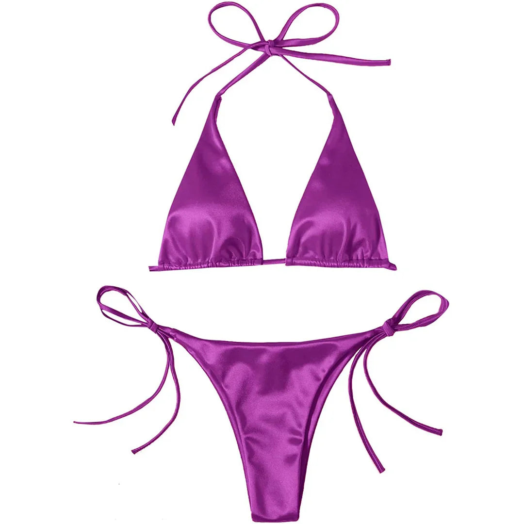Sexy 13 colori Halter Satin Bikini brasiliano Donna Costumi da bagno Costume da bagno femminile Bikini a due pezzi Bagnante Costume da bagno Swim V4966