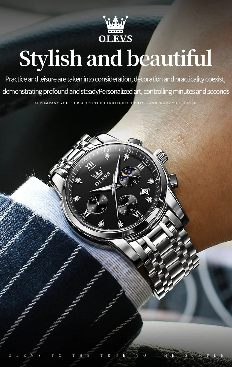 OLEVS 2858 Orologio da Uomo in Acciaio Inossidabile, Impermeabile, Antigraffio, con Fasi Lunari, Luminoso, Cronografo, Orologio da Polso al Quarzo di Lusso
