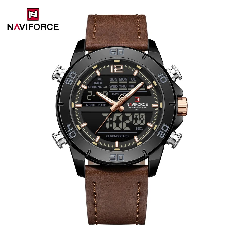 NAVIFORCE Orologio alla moda da uomo con cinturino in vera pelle Movimento al quarzo resistente all'acqua 30M Display luminoso con giorno e data F