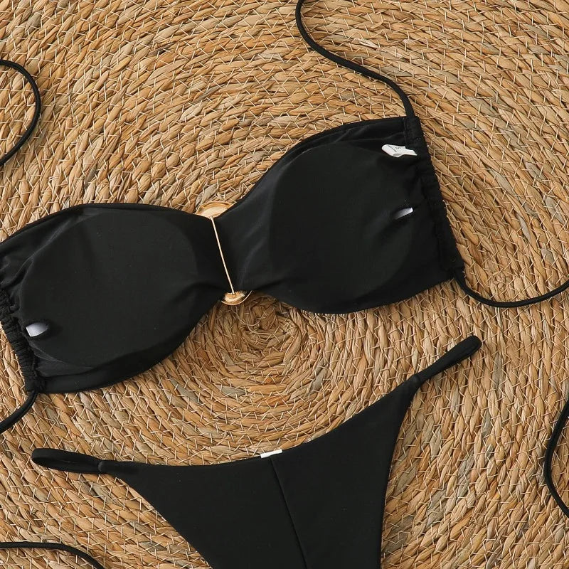Costume da Bagno da Spiaggia alla Moda, Set Bikini a Perizoma per Donna, Sexy Costume da Bagno a Triangolo con Lacci, Due Pezzi, Stile Brasiliano, Tinta Unita