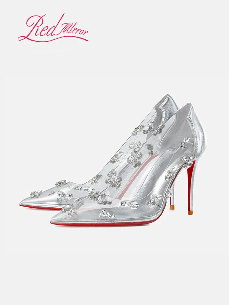 Red sole transparent pointed head sexy female stiletto high heels wedding shoes silver rhinestone crystal fairy style new 2024
