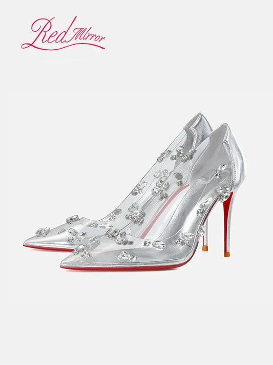 Red sole transparent pointed head sexy female stiletto high heels wedding shoes silver rhinestone crystal fairy style new 2024