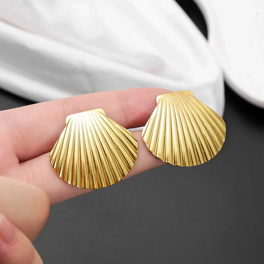 Orecchini a Perno a Forma di Ventaglio in Acciaio Inossidabile Color Oro, Gioielli da Spiaggia e Festa per Donne, Accessori Eleganti Vintage