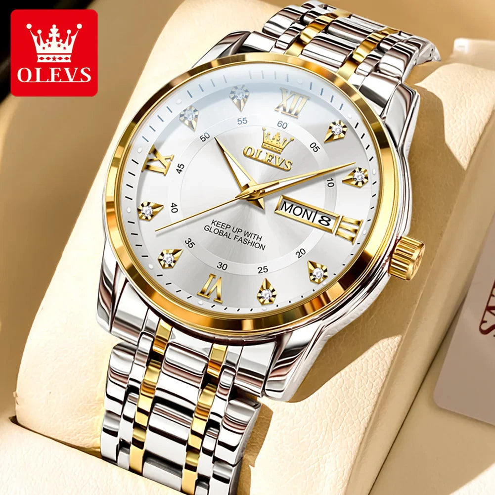 OLEVS 5513 Orologio da uomo Orologio luminoso impermeabile al quarzo originale di marca di moda per uomo Scatola per orologio con doppio calendario in acciaio inossidabile