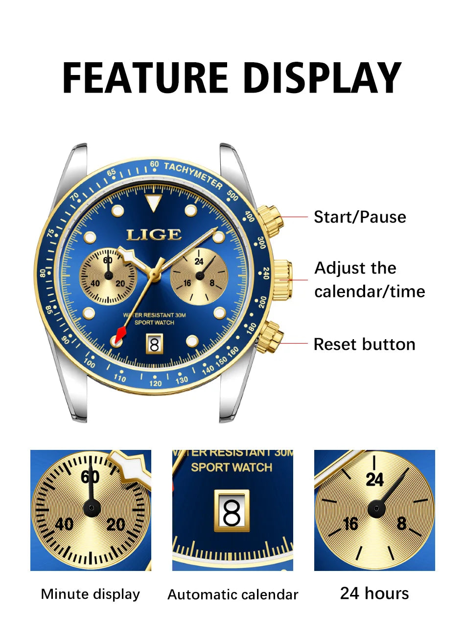 LIGE Nuovi orologi da uomo Orologi da polso al quarzo da uomo di lusso delle migliori marche Cronografo sportivo impermeabile e luminoso Relogio Masculino+BOX