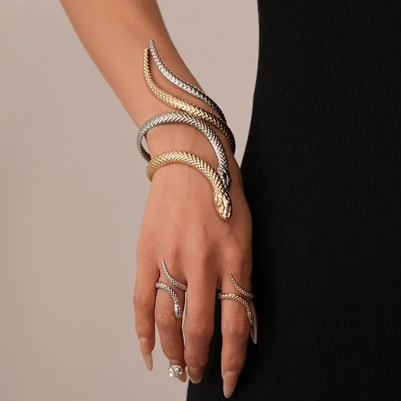 Offerta Speciale: Set di 2 Bracciali e Anelli a Forma di Serpente Punk, Bracciali Apribili a Spirale e Anelli per Dita, Gioielli per Mani Unisex