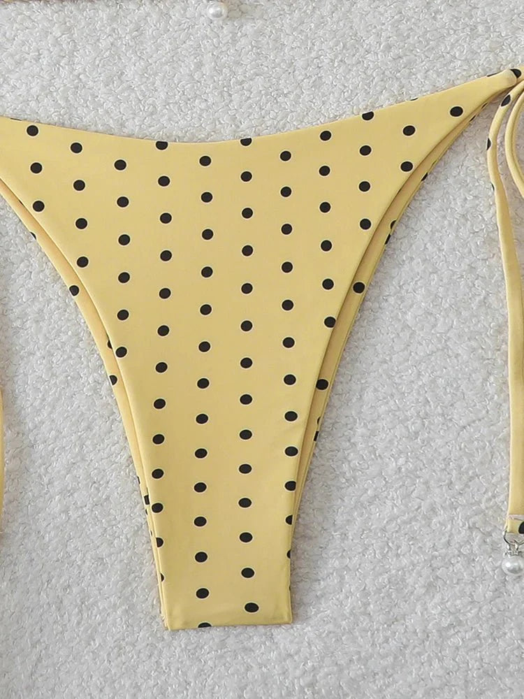 Bikini di Tendenza 2026, Costume da Bagno Sexy con Perle, Micro Bikini a Pois, Abbigliamento da Spiaggia per Donna