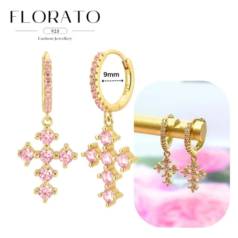 Lussuosa geometria 925 orecchio in argento sterling Ago rosa serie zircone orecchini a cerchio pendenti dolce moda regali di gioielli da sposa