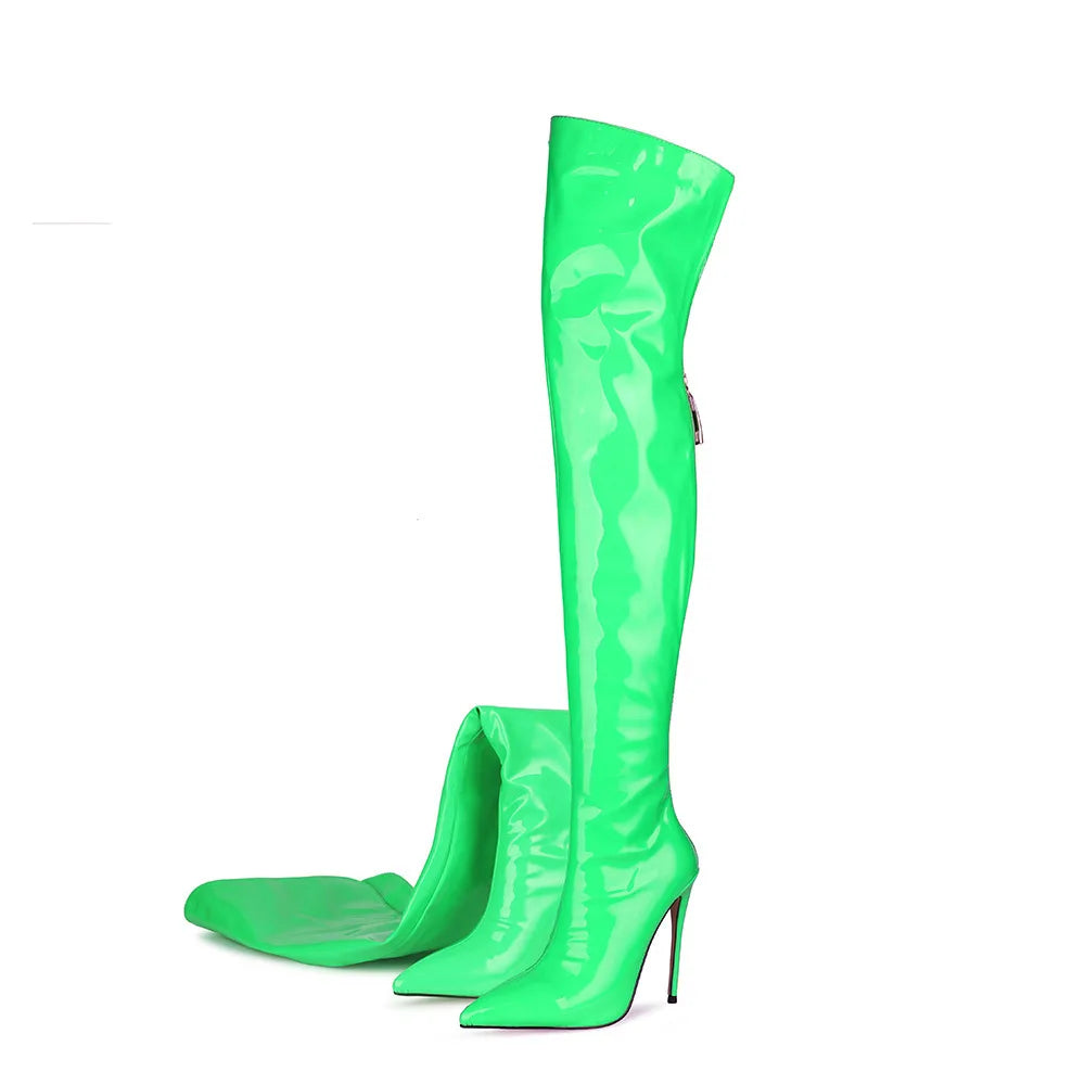 New Sexy Fashion Patent Leather Women Over Knee Boots Black White Long Boots Ladies Pointed Toe Classic High Heels Shoes Large