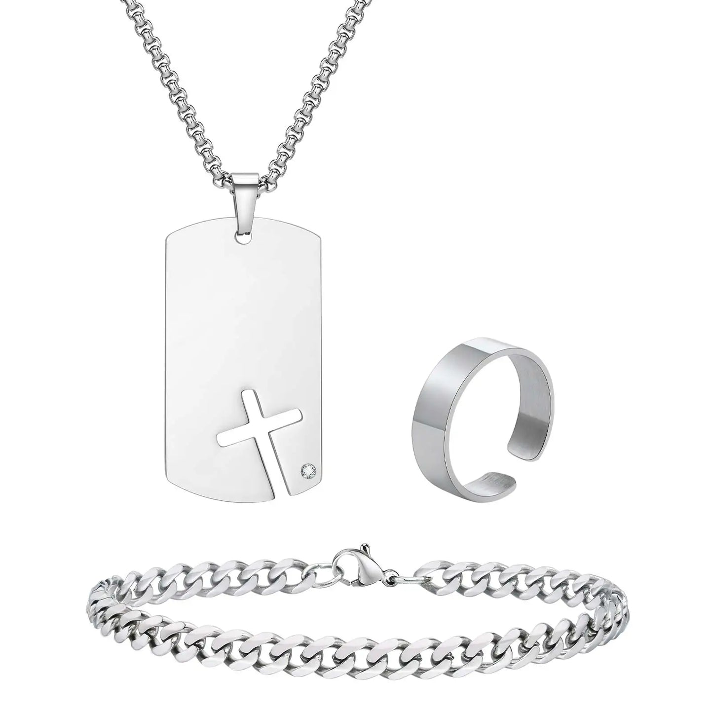 Set di 3 Pezzi: Collana Dogtag per Uomini e Ragazzi, Bracciale con Catena Cubana in Acciaio Inossidabile, Set di Anelli Impermeabili Regalo