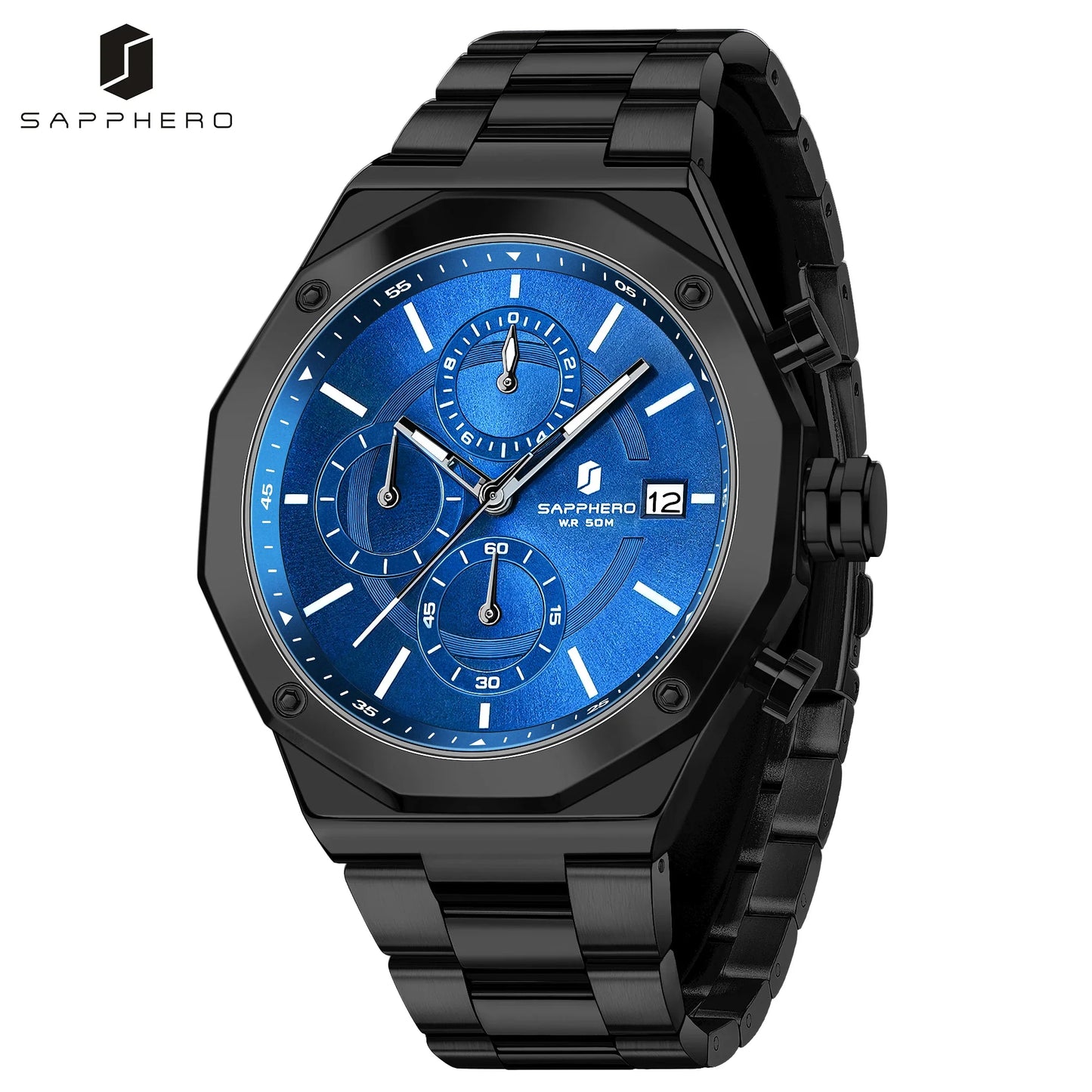 SAPHERO Orologio Cronografo Uomo al Quarzo 5ATM Impermeabile Acciaio Inox con Data, Regalo Perfetto per Padre, Marito, Fidanzato per Natale, Compleanno, San Valentino