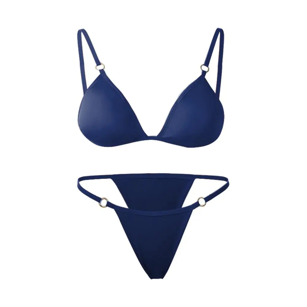 Costume da bagno bikini sexy da donna in tinta unita con fibbia in metallo decorato con costumi da bagno brasiliani per vacanze al mare