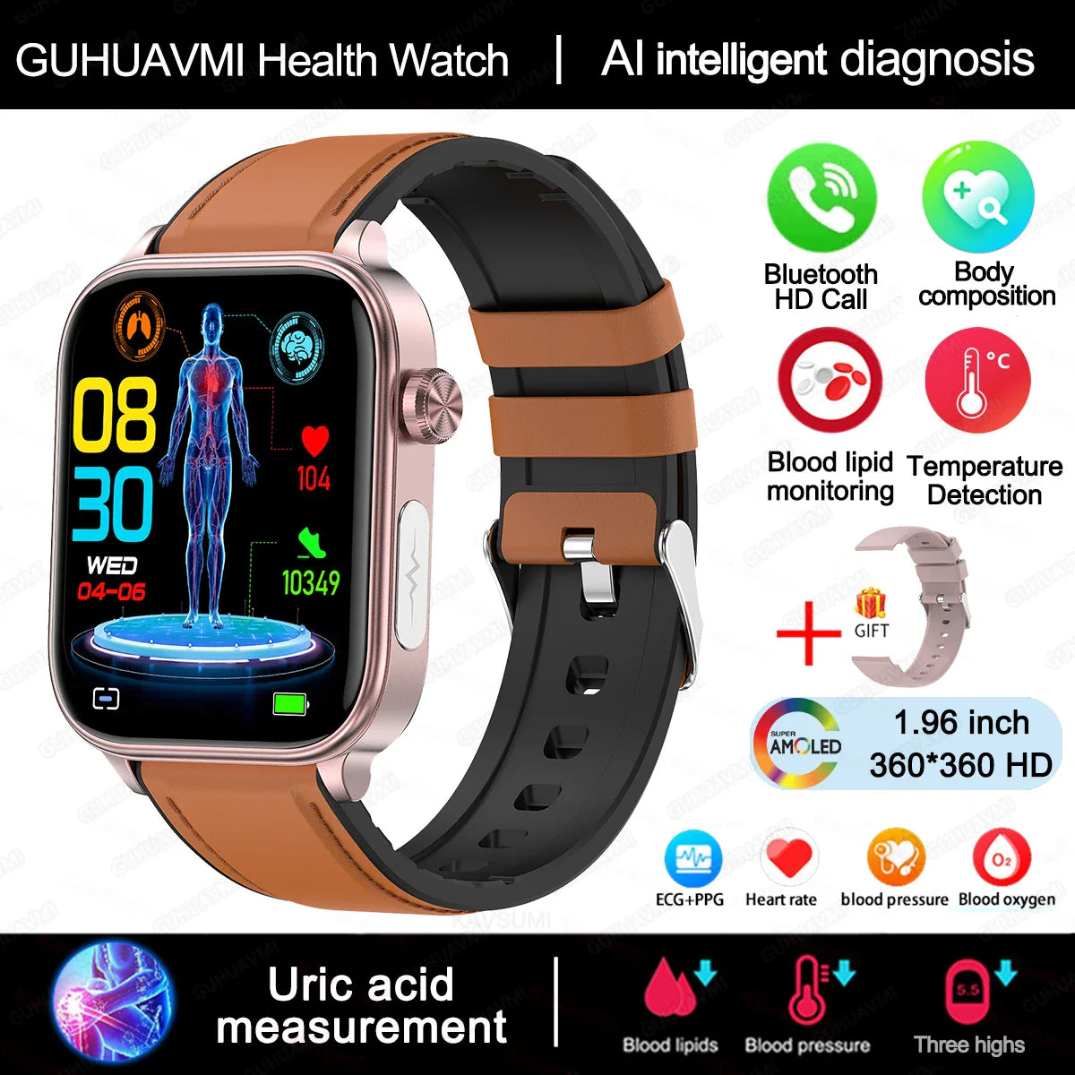 2025 Nuovo AI Diagnosi Lipidi nel sangue Acido urico Test di composizione corporea Smart Watch per uomo ECG + PPG Chiamata Bluetooth Salute Smartwatch