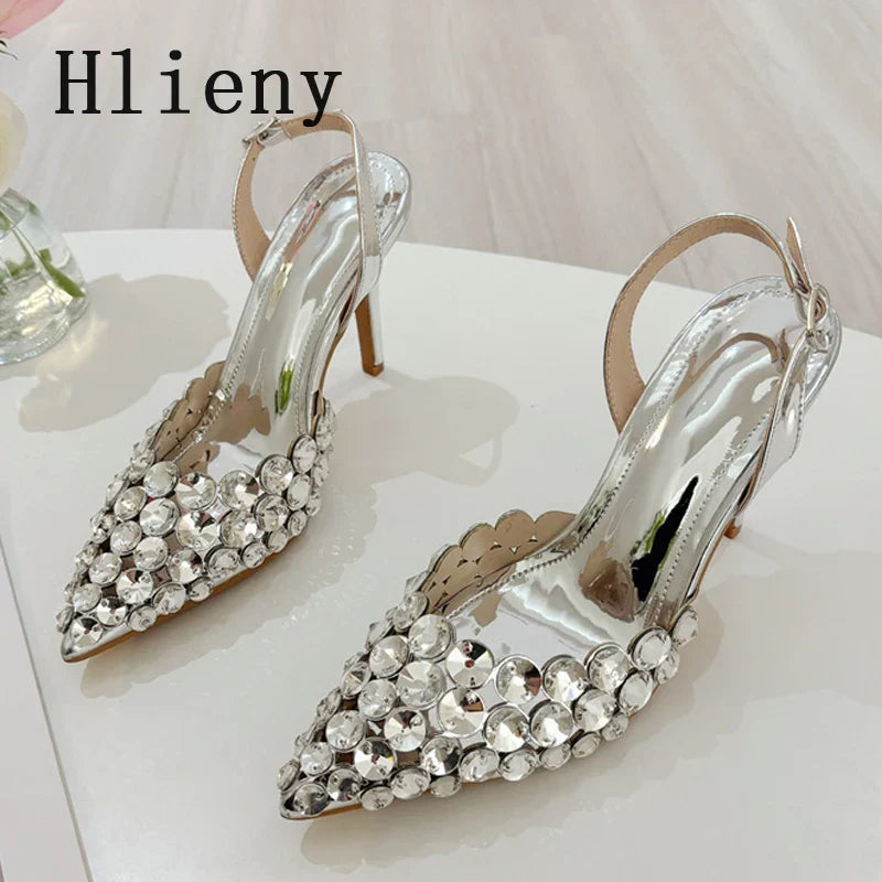 Hlieny Hollow Out Patent Leather Women Pumps Fashion Crystal Diamonds Pointed Toe Gold Silver High Heels Shoes Stiletto Sandals