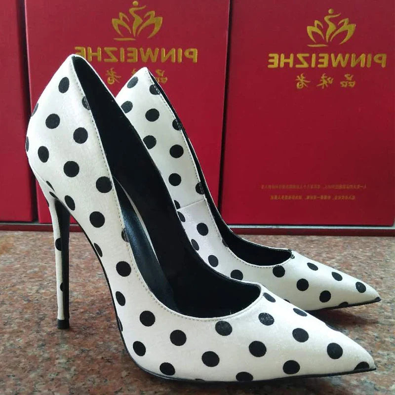 New round polka dot silk high heels with pointed toe, shallow mouth, thin heel 12cm Sexy French Girl Single Shoes