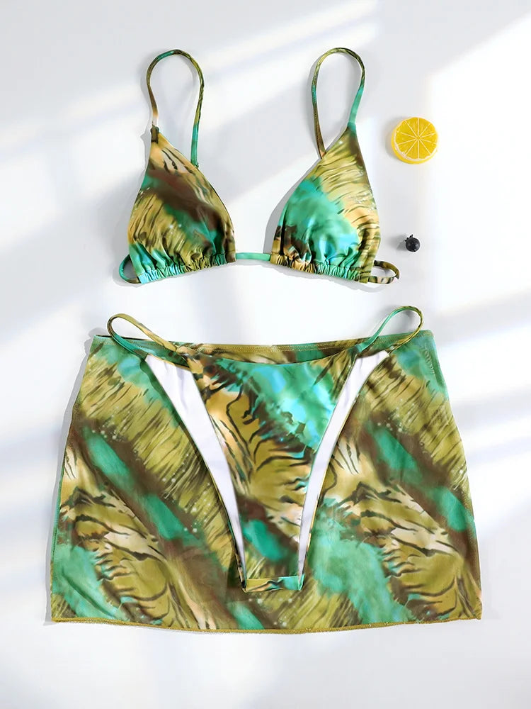 Miyouj Bikini Stampato con Fascia 2026, Costume da Bagno a Triangolo Tre Pezzi a Vita Bassa, Biquini Donna, Abbigliamento da Mare Estivo