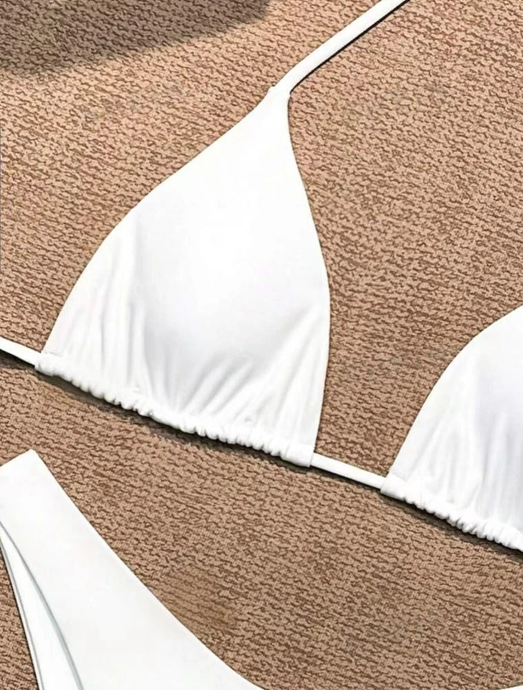 Costume da bagno bikini a perizoma da donna sexy, tinta unita bianco/nero/caffè, con laccetti, stile brasiliano, nuovo, in doppio tessuto, per la spiaggia