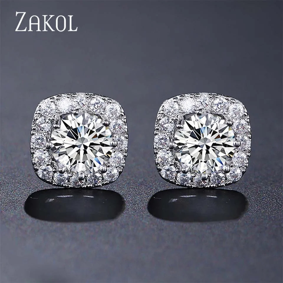 ZAKOL Classic White Square CZ Orecchini Della Stud Per Le Donne Squisite Rotondo Cubic Zirconia Cristallo Orecchini Regalo