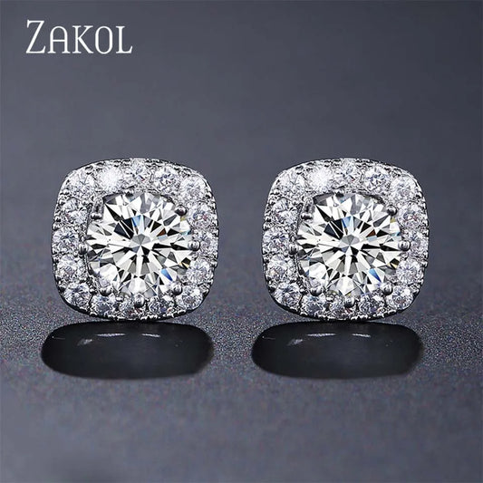 ZAKOL Classic White Square CZ Orecchini Della Stud Per Le Donne Squisite Rotondo Cubic Zirconia Cristallo Orecchini Regalo